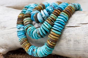 Natural Turquoise Polished 7-14mm Graduated Banded Heishi - Teal