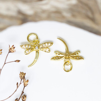Gold Plated Micro Pave 13x15mm Dragonfly Charm