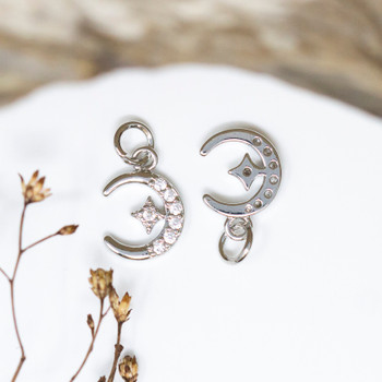Silver Plated Micro Pave 12x9mm Moon and Stars Charm