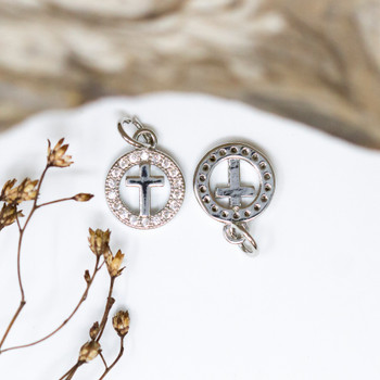 Silver Plated Micro Pave 10mm Cross in Ring Charm