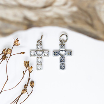 Silver Plated Micro Pave 15x10mm Hearts Cross Charm