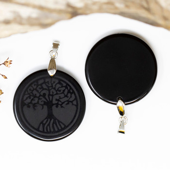 Black Onyx Polished 30mm Carved Tree of Life Coin Pendant