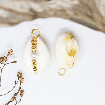Natural Cowrie Shell Polished Pearl and Gold Wire Wrapped 13-24mm Pendant