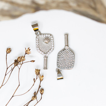 Silver Plated Micro Pave 21x10mm Pickleball and Bat Charm