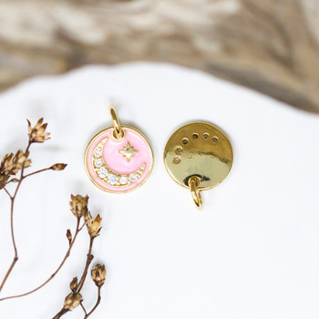 Gold Plated Micro Pave Enamel 10mm Pink Moon and Star Charm