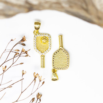 Gold Plated Micro Pave 21x10mm Pickleball and Bat Charm