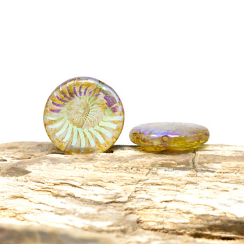 Czech Glass 17mm Fossil Spiral Laser Etched Coin - Amber Picasso with AB