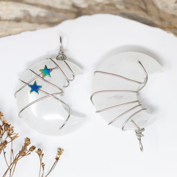 Silver Plated 35x20mm Crystal Quartz Moon with Stars Wire Wrapped Pendant