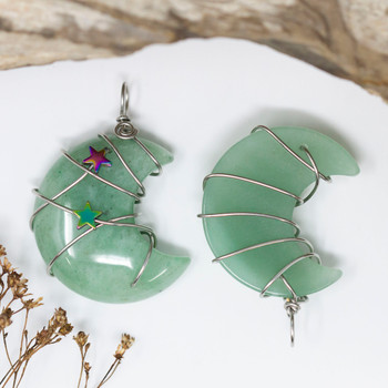 Silver Plated 35x20mm Green Aventurine Moon with Stars Wire Wrapped Pendant