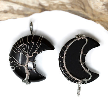 Silver Plated 36x32mm Black Obsidian Wire Wrapped Tree Crescent Moon Pendant