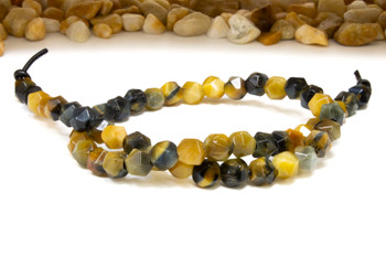 Tiger Eye Polished 8mm Yellow, Blue Faceted Round - 2.5mm Large Hole