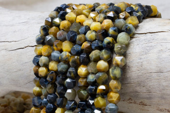 Tiger Eye Polished 8mm Yellow, Blue Faceted Round - 2.5mm Large Hole