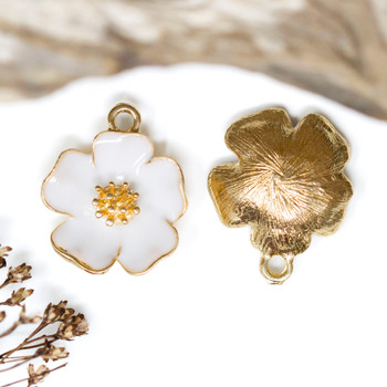 Gold Plated Enamel 19mm White Hibiscus Flower Charm