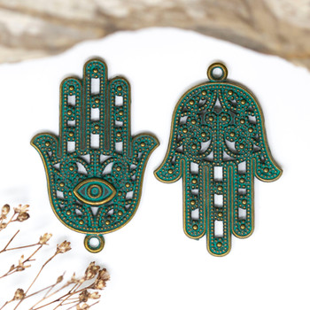 Green Patina Antique Brass Plated Alloy 42x28mm Hamsa with Eye Pendant