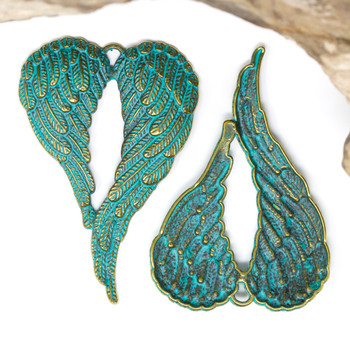 Green Patina Antique Brass Plated Alloy 68x46mm Angel Wings Pendant