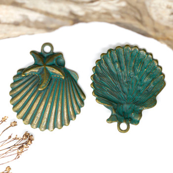 Green Patina Antique Brass Plated Alloy 41x36mm Clam Shell with Starfish Pendant