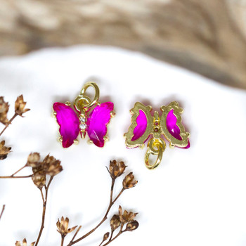 Gold Plated Micro Pave Glass 11x9mm Cerise Pink Butterfly Charm
