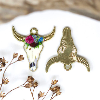 Gold Plated Enamel Alloy 22x21mm Floral Bull Skull Charm
