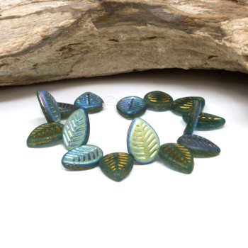 Czech Glass 12x16mm Dogwood Leaves - Sky Blue with Matte AB Finish Gold Wash