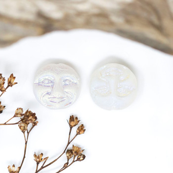Czech Glass 13mm Moon Face Bead - Crystal Transparent Matte with Aurora Borealis Finish
