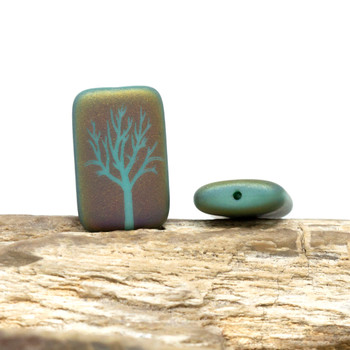 Czech Glass 19x12mm Laser Etched Rectangle Tree - Turquoise Opaque Matte Rainbow Finish