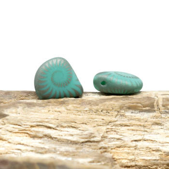 Czech Glass 12x11mm Laser Etched Spiral Shell Briolette - Turquoise Opaque Matte with Silver Finish