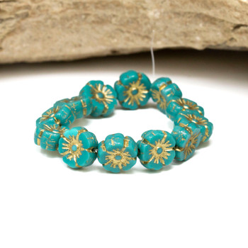 Czech Glass 10mm Hibiscus - Turquoise Opaque Green Gold Wash