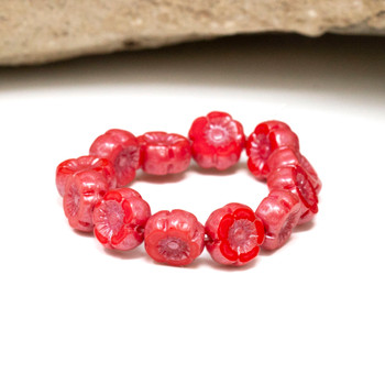 Czech Glass 7mm Hibiscus Flower Beads - Coral Red Opaque Luster Finish