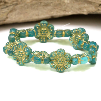 Czech Glass 14mm Wild Rose - Aqua Blue Opaline with Gold Wash