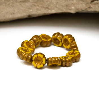 Czech Glass 9mm Hibiscus Flower Beads - Yellow Opaque Bronze Finish