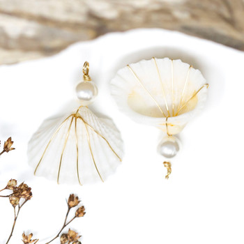 Natural Scallop Shell with Shell Pearl Polished Gold Plated 30x22mm Wire Wrapped Pendant