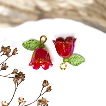Bell Flower with Resin Leaf 14x10mm Cherise