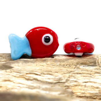Lampwork Glass 13x20mm Handmade Fish with Eye Bead Red & Blue