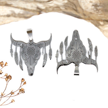 Stainless Steel 30x35mm Bull Skull with Feathers Pendant