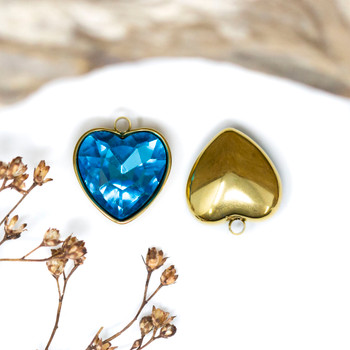 Gold Plated 15x13mm Blue Topaz Heart Glass Rhinestone