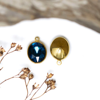 Gold Plated 9x13mm Dark Blue Topaz Oval Glass Rhinestone