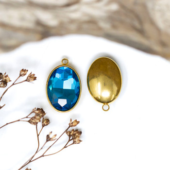 Gold Plated 11x17mm Blue Topaz Oval Glass Rhinestone