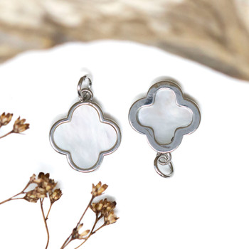 White Shell Polished Silver Plated 14mm Clover / Quatrefoil Shell Charm