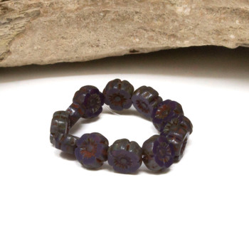 Czech Glass 7mm Hibiscus Flower Beads - Deep Purple Opaline Picasso Finish
