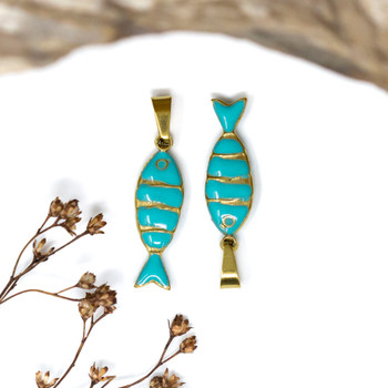 Gold Plated Stainless Steel Enamel 22x7mm Turquoise Gold Fish Charm
