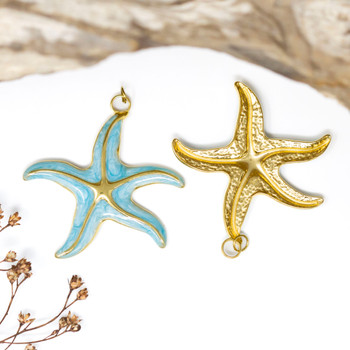 Gold Plated Enamel Stainless Steel 34mm Blue Starfish Pendant