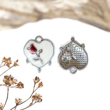 Silver Plated Enamel 19x15mm White Melting Heart with Rose Charm