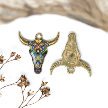 Gold Plated Enamel Alloy 22x21mm Black Floral Bull Skull Charm