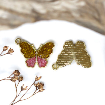 Gold Plated Enamel 15x20mm Pink and Peru Glitter Butterfly Charm