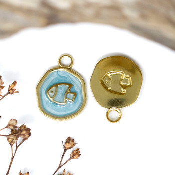 Gold Plated Stainless Steel Enamel 13mm Blue Fish Charm