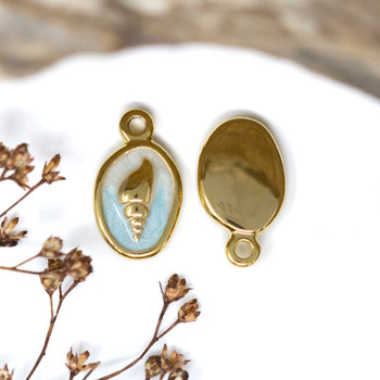 Gold Plated Stainless Steel Enamel 17x10mm Blue Oval Conch Charm