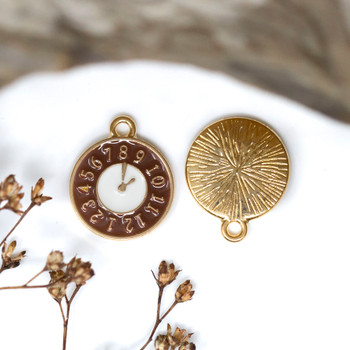 Brown & White Plated Enamel 12mm Clock Charm