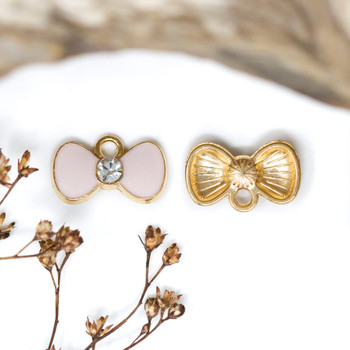 Gold Plated Enamel 9x15mm Pink CZ Bow Charm
