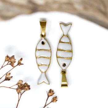 Gold Plated Stainless Steel Enamel 22x7mm White Fish Charm