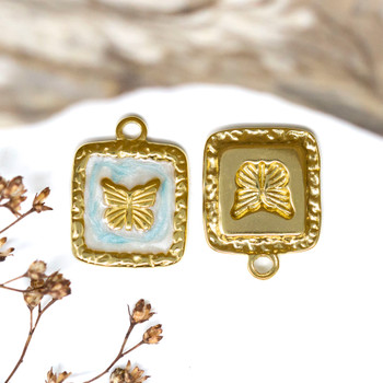 Gold Plated Stainless Steel Enamel 15mm Blue Butterfly Charm